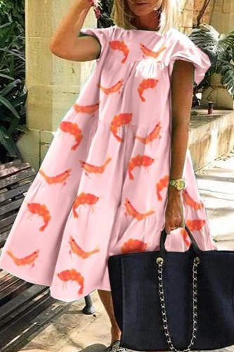 Pink Casual Print Patchwork O Neck Cake Skirt Dresses