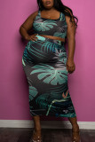 Red Sexy Print Patchwork U Neck Plus Size Two Pieces