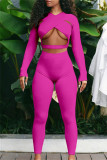 Roze Mode Sexy Effen Uitgeholde V-hals Lange Mouw Twee Stukken