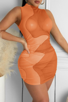オレンジのセクシーなソリッドパッチワークハーフタートルネックペンシルスカートドレス