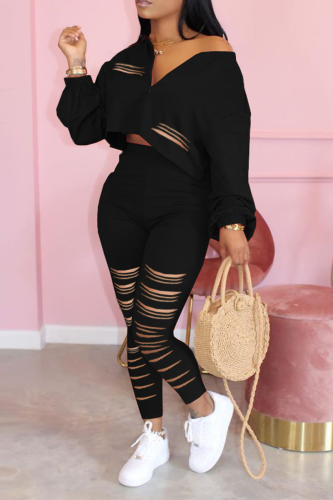Black Casual Solid Ripped V Neck Long Sleeve Two Pieces