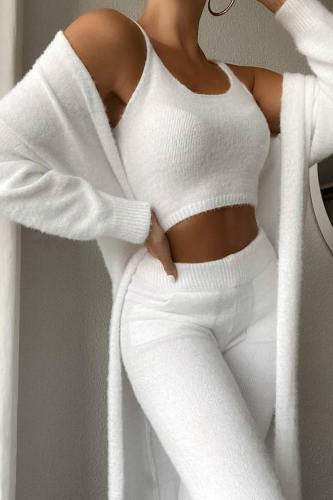 White Casual Solid Patchwork O Neck Long Sleeve Three Pieces