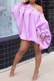 Robes jupe lanterne décontractées en patchwork uni asymétrique épaule dénudée violet