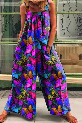 Red Casual Print Patchwork Square Collar Straight Jumpsuits