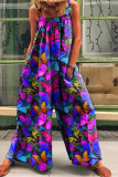 Green Casual Print Patchwork Square Collar Straight Jumpsuits