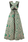 Green Casual Print Patchwork V Neck Loose Jumpsuits