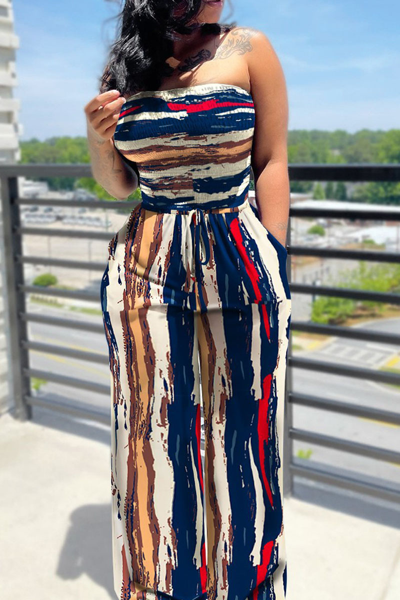 

Tibetan Blue Casual Print Split Joint Frenulum Strapless Straight Jumpsuits