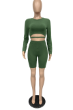 Army Green Sexy Patchwork O Neck Long Sleeve Two Pieces