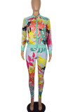 Colour Casual Print Patchwork Mandarin Collar Long Sleeve Two Pieces