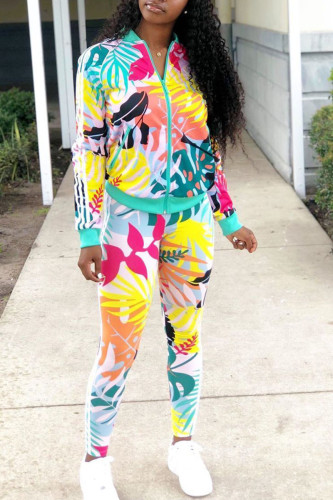 Colour Casual Print Patchwork Mandarin Collar Long Sleeve Two Pieces