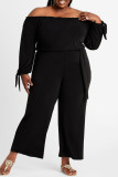 ブラック ファッション カジュアル ソリッド バックレス オフショルダー プラスサイズ ジャンプスーツ
