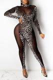 Bordeauxrode sexy luipaardgaas halflange coltrui skinny jumpsuits