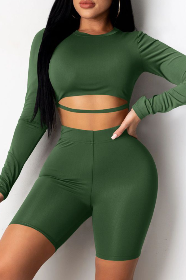Армейский зеленый сексуальный лоскутный комплект из двух частей с круглым вырезом и длинным рукавом