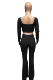 Black Fashion Casual Solid Draw String V Neck Long Sleeve Two Pieces
