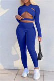 Blue Fashion Sexy Solid Hollowed Out V Neck Long Sleeve Two Pieces