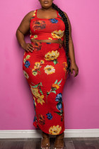 Red Sexy Print Patchwork U Neck Plus Size Two Pieces