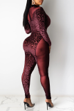 Bordeauxrode sexy luipaardgaas halflange coltrui skinny jumpsuits
