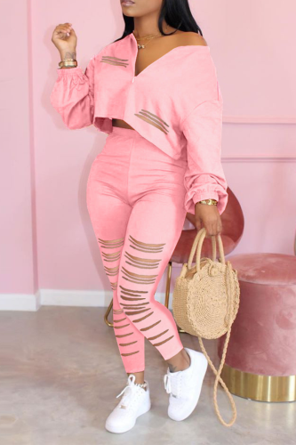 Pink Casual Solid Ripped V Neck Long Sleeve Two Pieces
