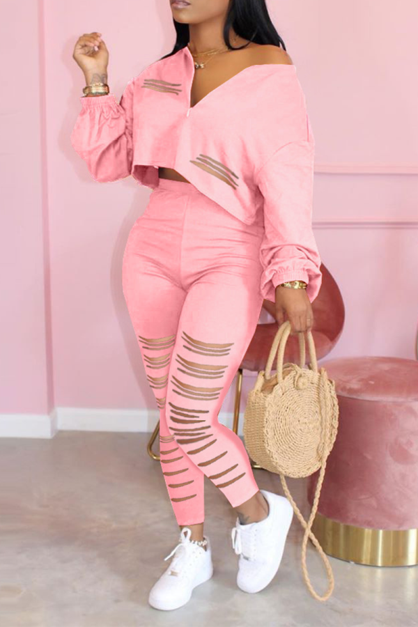 Pink Casual Solid Ripped V Neck Long Sleeve Two Pieces