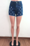 The cowboy blue Sexy Solid Ripped Mid Waist Skinny Denim Shorts