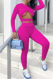 Roze Mode Sexy Effen Uitgeholde V-hals Lange Mouw Twee Stukken