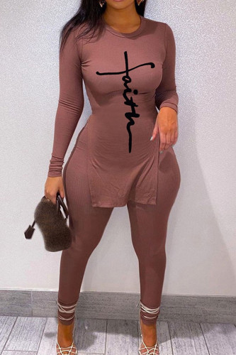 Brown Casual Print Patchwork Slit O Neck Long Sleeve Two Pieces
