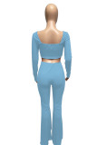 Light Blue Fashion Casual Solid Draw String V Neck Long Sleeve Two Pieces
