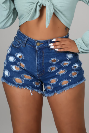 The cowboy blue Sexy Solid Mid Waist Skinny Distressed Hot Pant Ripped Denim Shorts