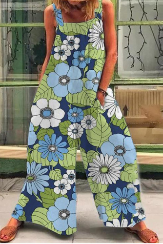 Green Casual Print Patchwork Square Collar Straight Jumpsuits