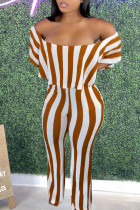 Orange Fashion Casual Striped Print Backless Off the Shoulder Regular Jumpsuits