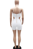 White Sexy Solid Hollowed Out Patchwork Chains Zipper Spaghetti Strap Skinny Rompers