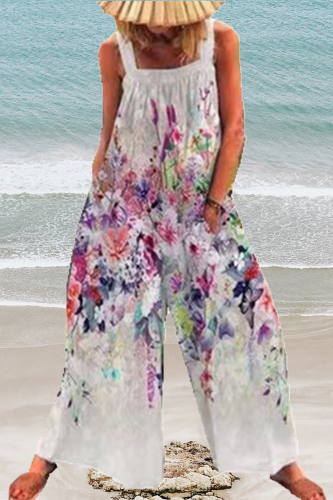 White Casual Print Split Joint Square Collar Straight Jumpsuits