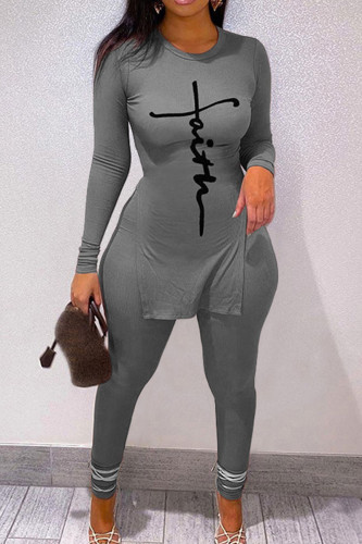 Grey Casual Print Patchwork Slit O Neck Long Sleeve Two Pieces