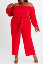 Macacão plus size vermelho fashion casual sólido sem costas fora do ombro