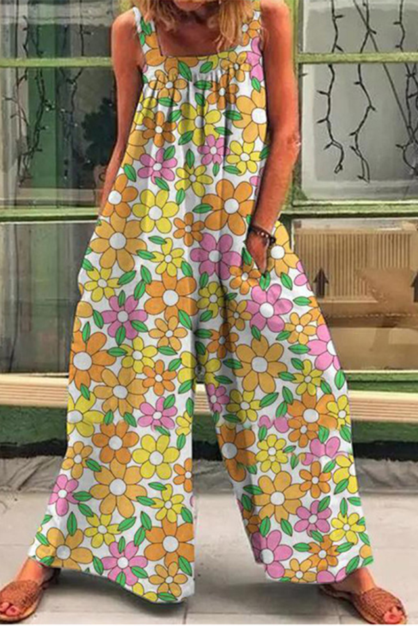 Yellow Casual Print Patchwork Square Collar Straight Jumpsuits
