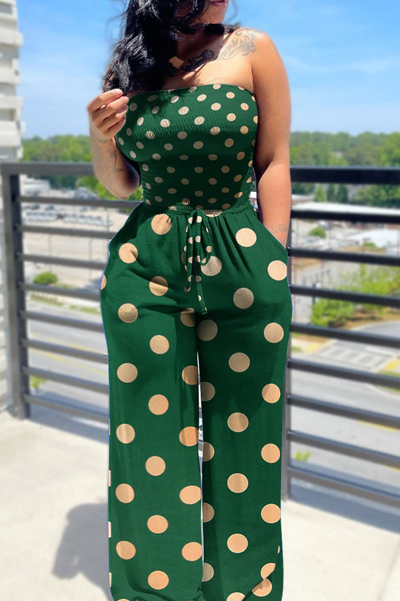 

Green Casual Print Split Joint Frenulum Strapless Straight Jumpsuits