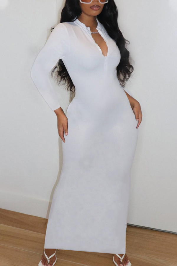 ホワイトカジュアルソリッドパッチワークジッパーカラーペンシルスカートドレス