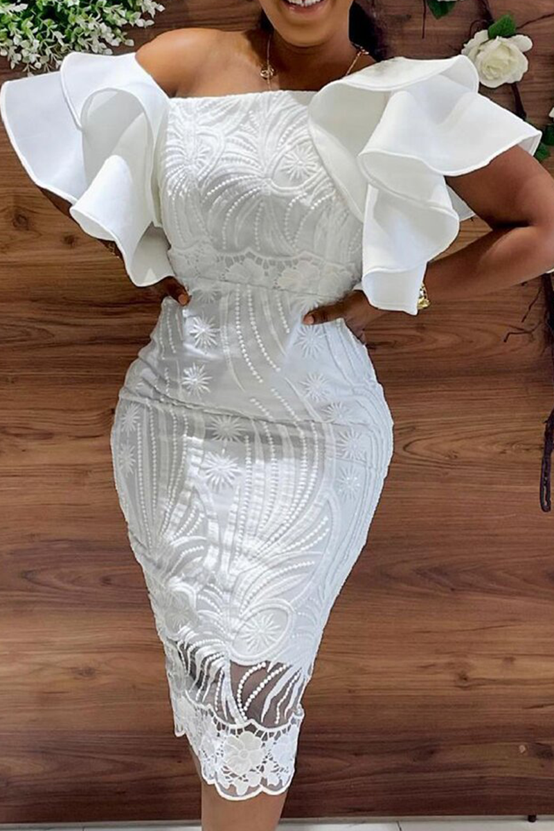 

White Sexy Solid Lace Off the Shoulder Pencil Skirt Dresses