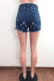 Light Blue Sexy Solid Ripped Mid Waist Skinny Denim Shorts