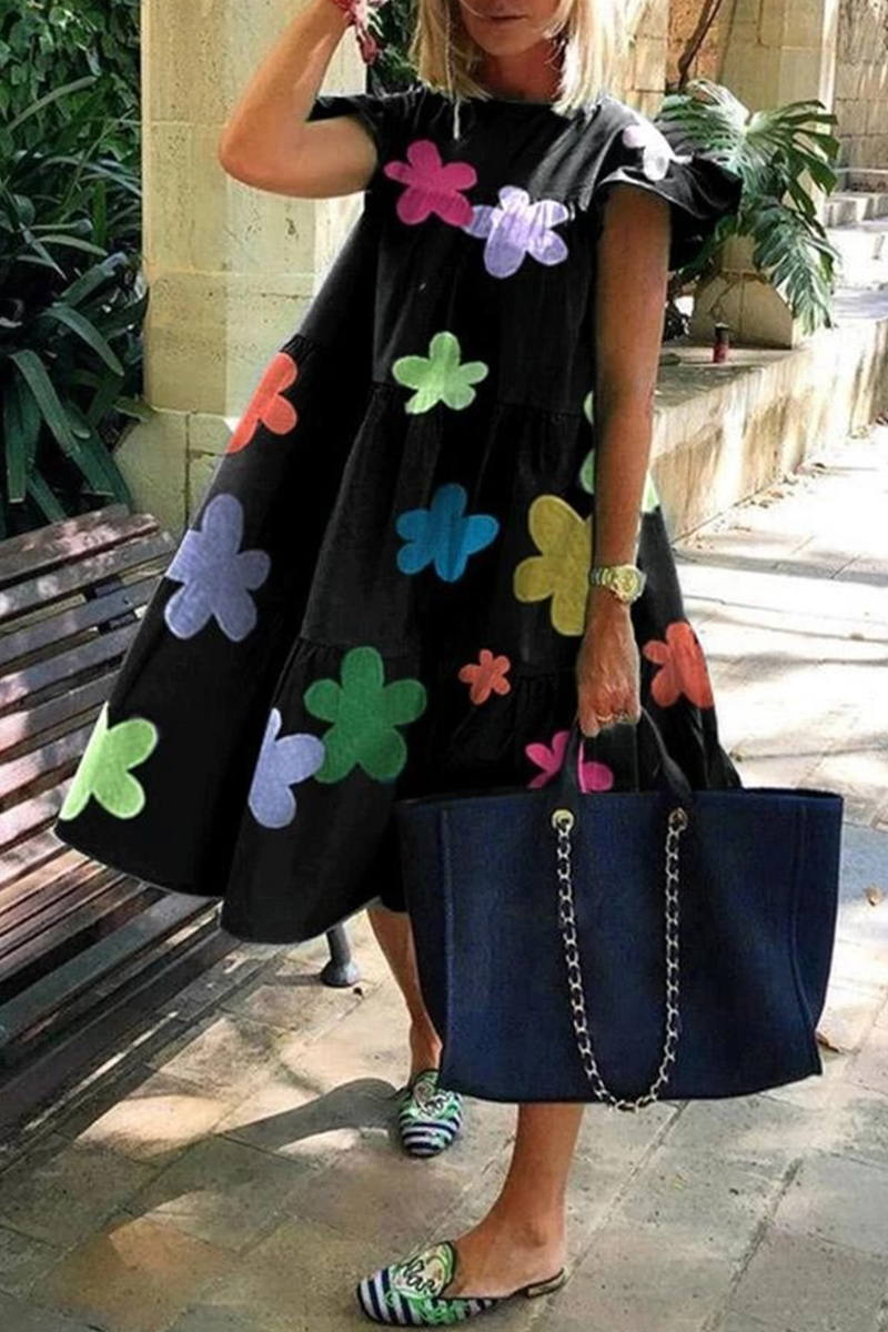 

Black Casual Print Split Joint O Neck Cake Skirt Dresses