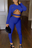 Blauwe Mode Sexy Effen Uitgeholde V-hals Lange mouw Tweedelig