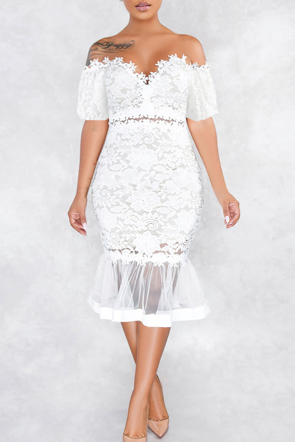 Weiße, sexy, einfarbige, durchsichtige, schulterfreie Trompeten-Meerjungfrauenkleider im Patchwork-Stil