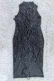 Black Fashion Sexy Solid Patchwork O Neck Sleeveless Long Dress