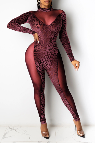 Burgundy Sexy Leopard Mesh Half A Turtleneck Skinny Jumpsuits