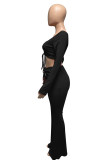 Black Fashion Casual Solid Draw String V Neck Long Sleeve Two Pieces