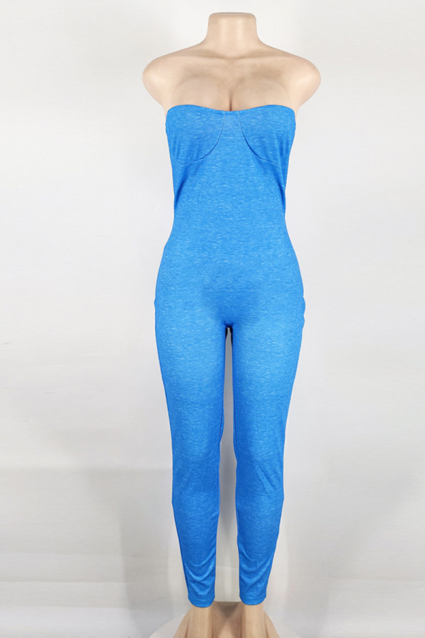 Wholesale Blue Sexy Casual Solid Backless Strapless Skinny Jumpsuits ...
