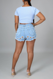 The cowboy blue Sexy Solid Mid Waist Skinny Distressed Hot Pant Ripped Denim Shorts