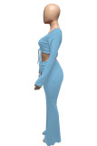 Light Blue Fashion Casual Solid Draw String V Neck Long Sleeve Two Pieces