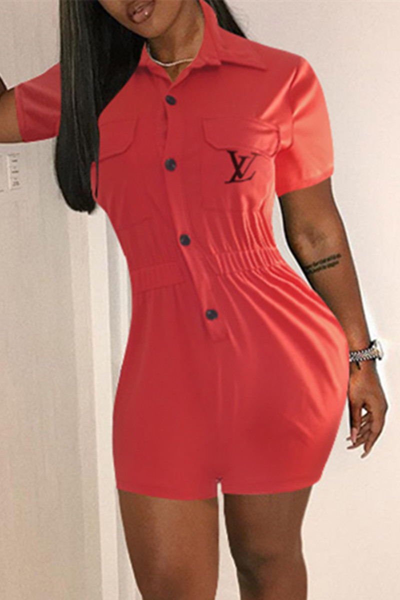 

Red Fashion Casual Print Basic Turndown Collar Regular Romper
