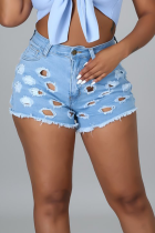 Light Blue Sexy Solid Mid Waist Skinny Distressed Hot Pant Ripped Denim Shorts